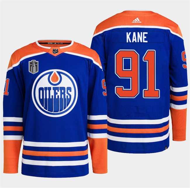 Mens Edmonton Oilers #91 Evander Kane Royal 2024 Stanley Cup Final Patch Stitched Jersey Dzhi